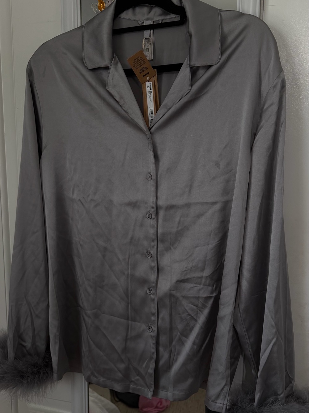 SKIMS Gray Satin Pajama Top with Feather Cuffs